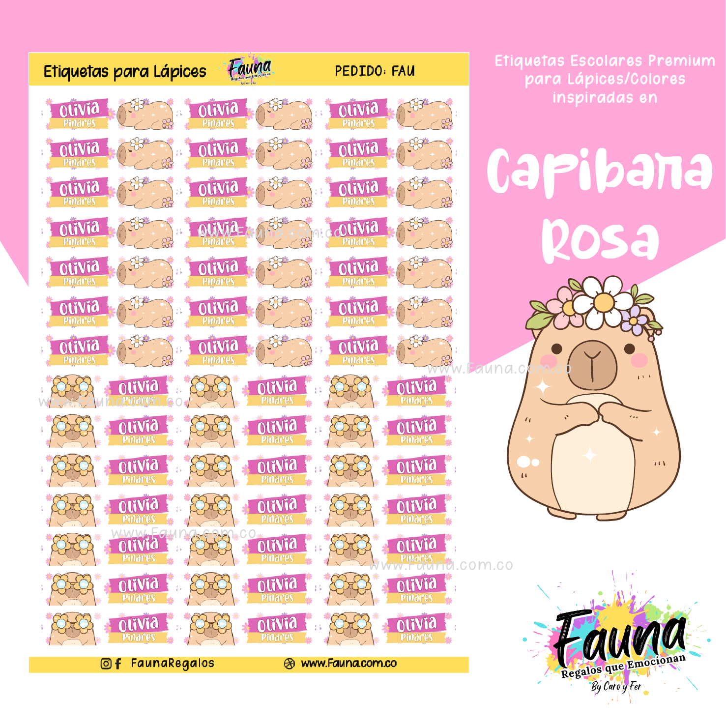 Capibara Rosa 💗 - Etiquetas Escolares Premium Personalizadas