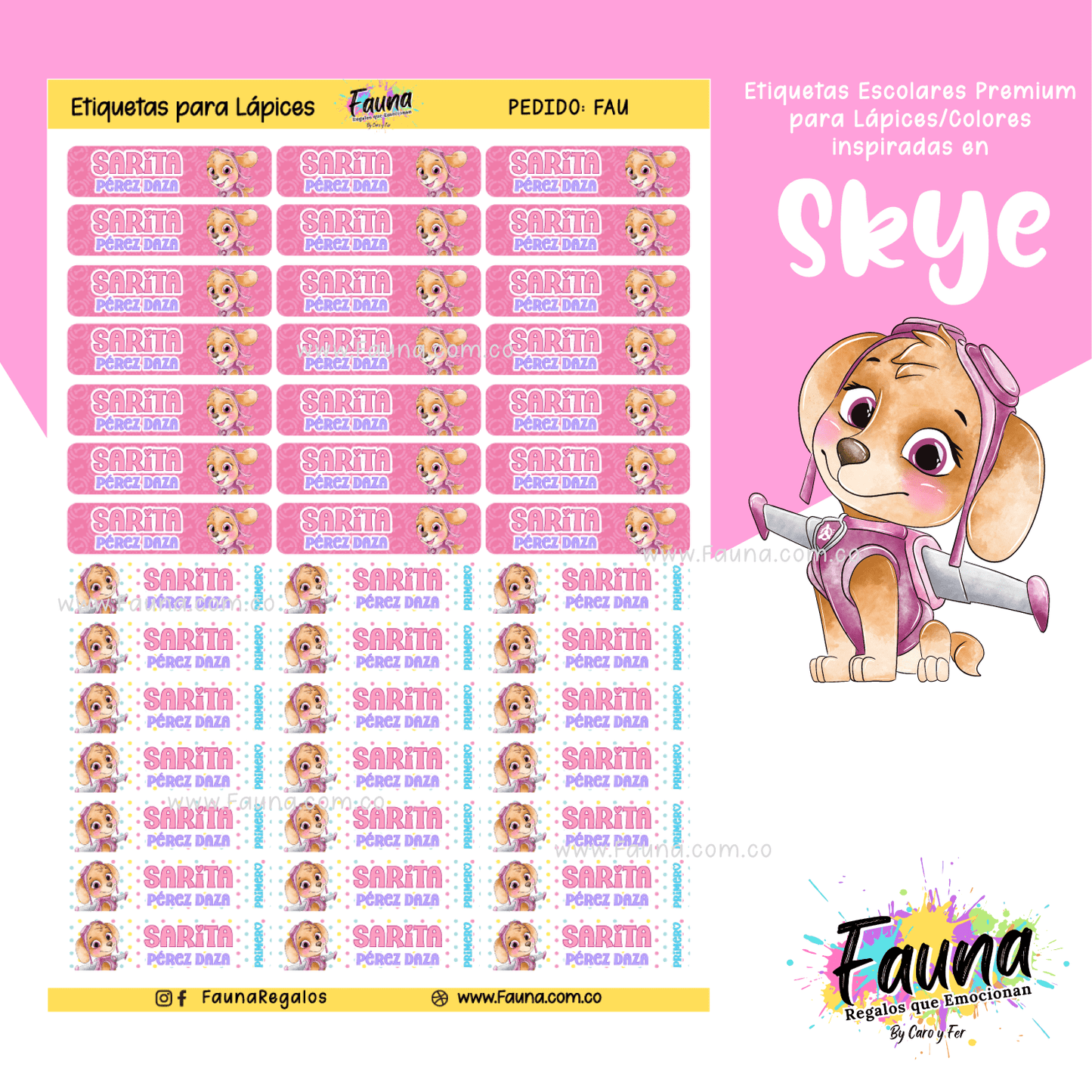 Etiquetas Escolares Premium Personalizadas – Skye de la Patrulla Canina 🐾💗