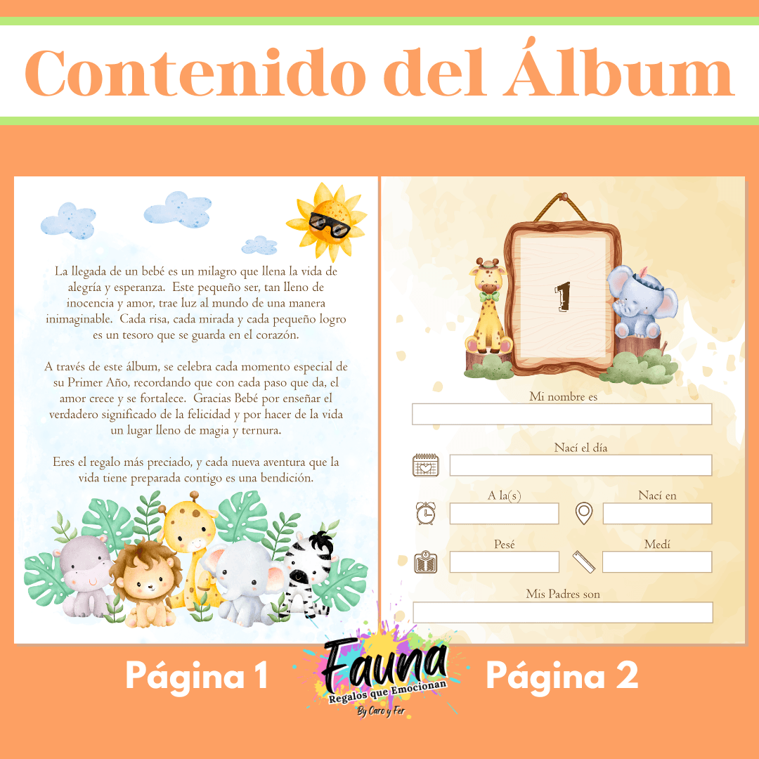 Álbum de Láminas Mi Primer Año para Bebé Personalizado con 18 Fotos - Fauna Regalos que emocionan