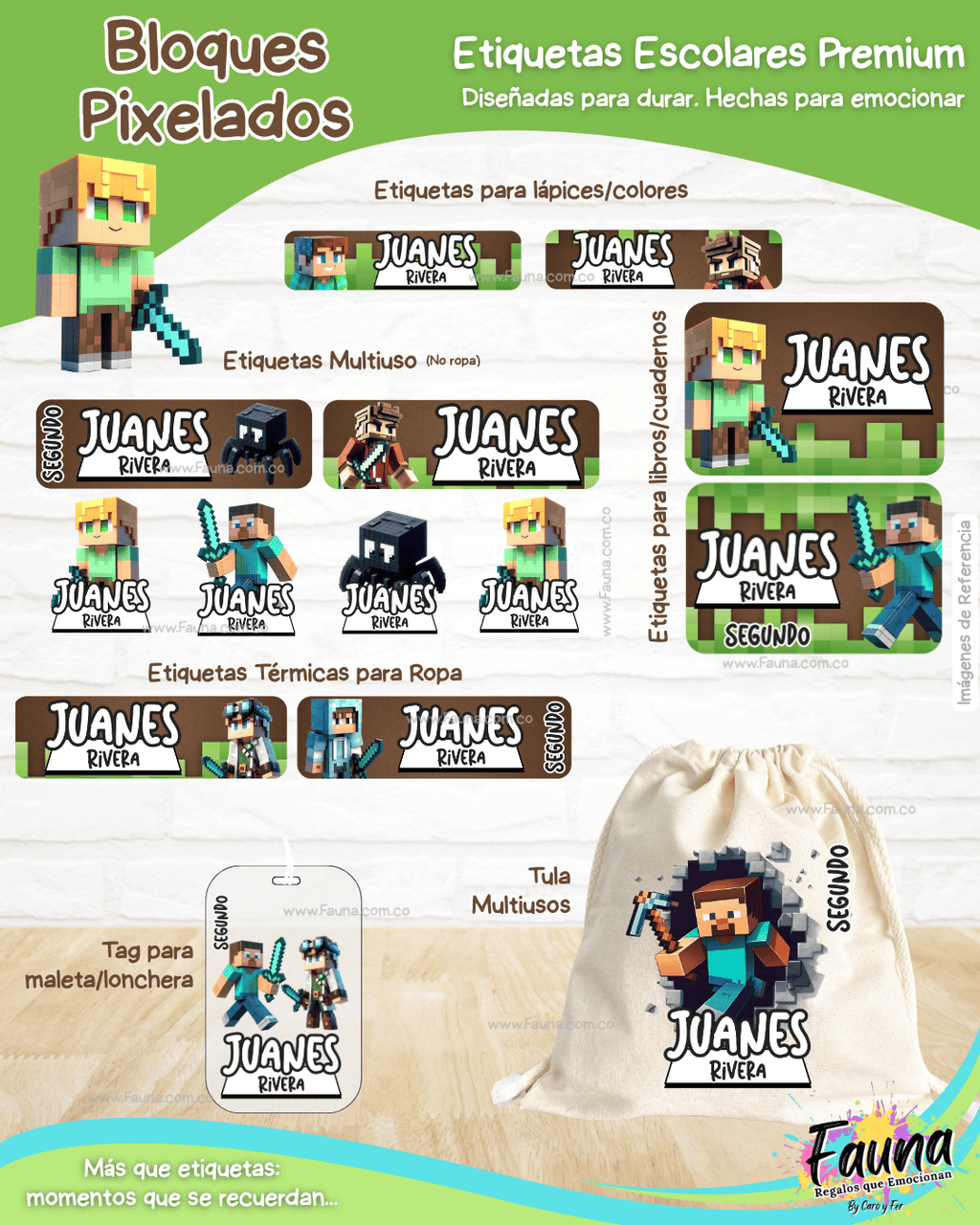 Bloques Pixelados 🟩 - Etiquetas Escolares Premium Personalizadas