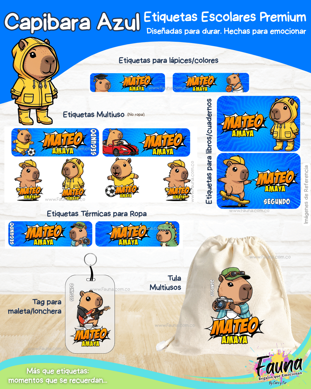 Capibara Azul 💙 - Etiquetas Escolares Premium Personalizadas