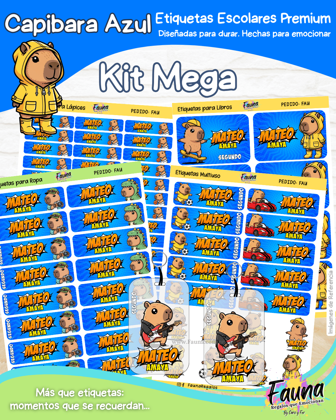 Capibara Azul 💙 - Etiquetas Escolares Premium Personalizadas