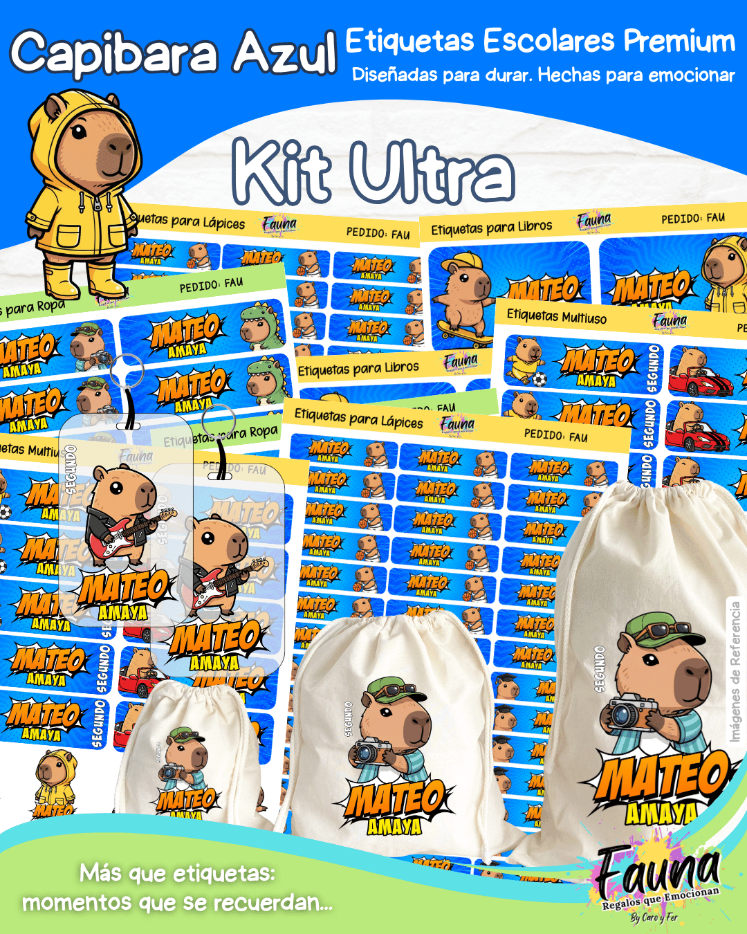 Capibara Azul 💙 - Etiquetas Escolares Premium Personalizadas