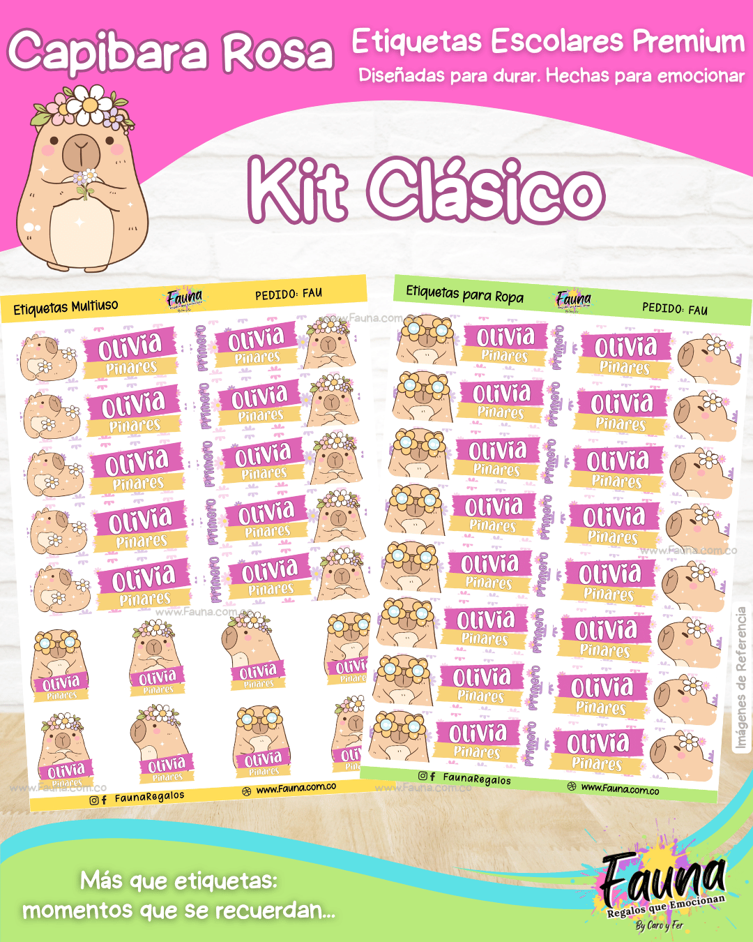 Capibara Rosa 💗 - Etiquetas Escolares Premium Personalizadas