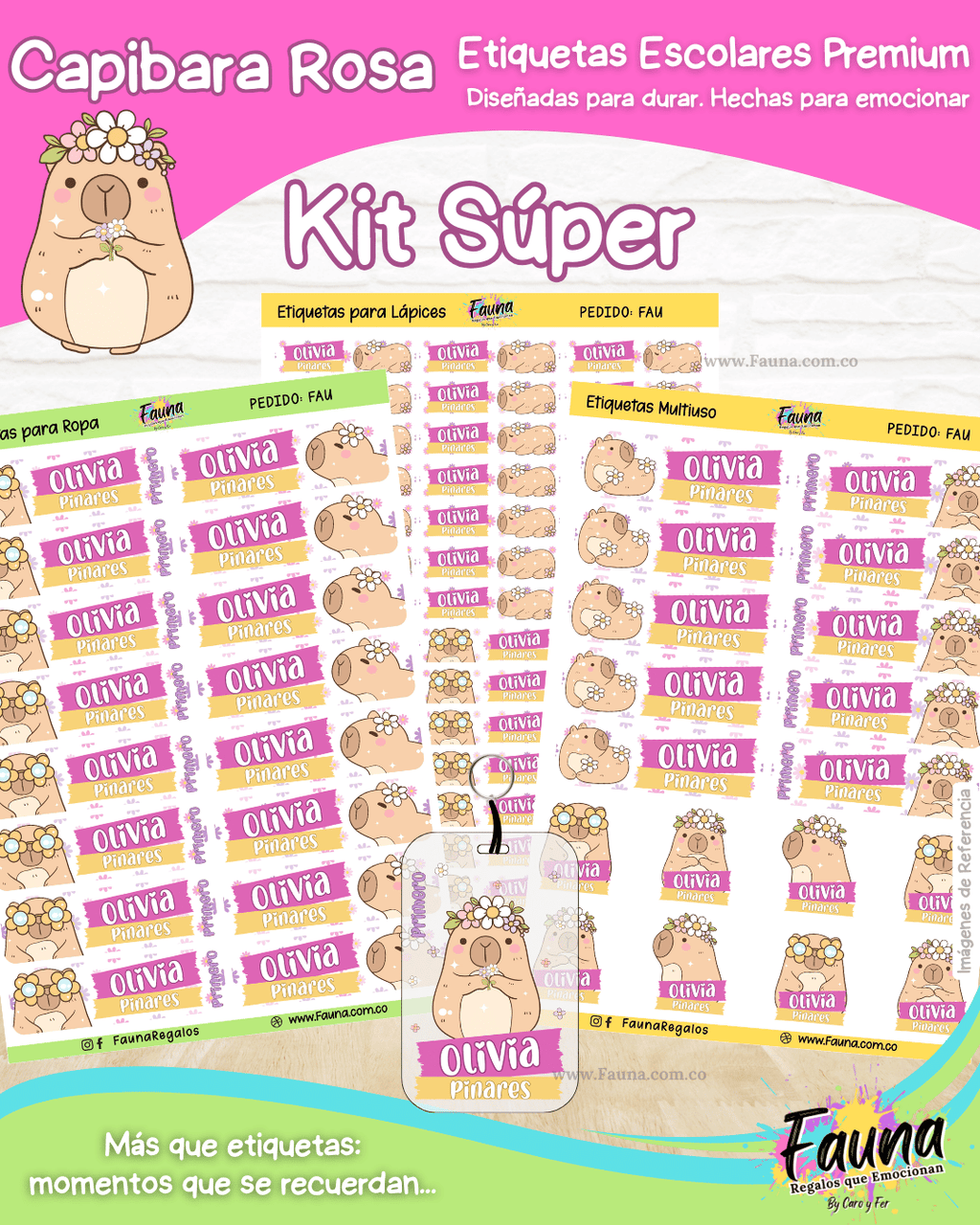 Capibara Rosa 💗 - Etiquetas Escolares Premium Personalizadas