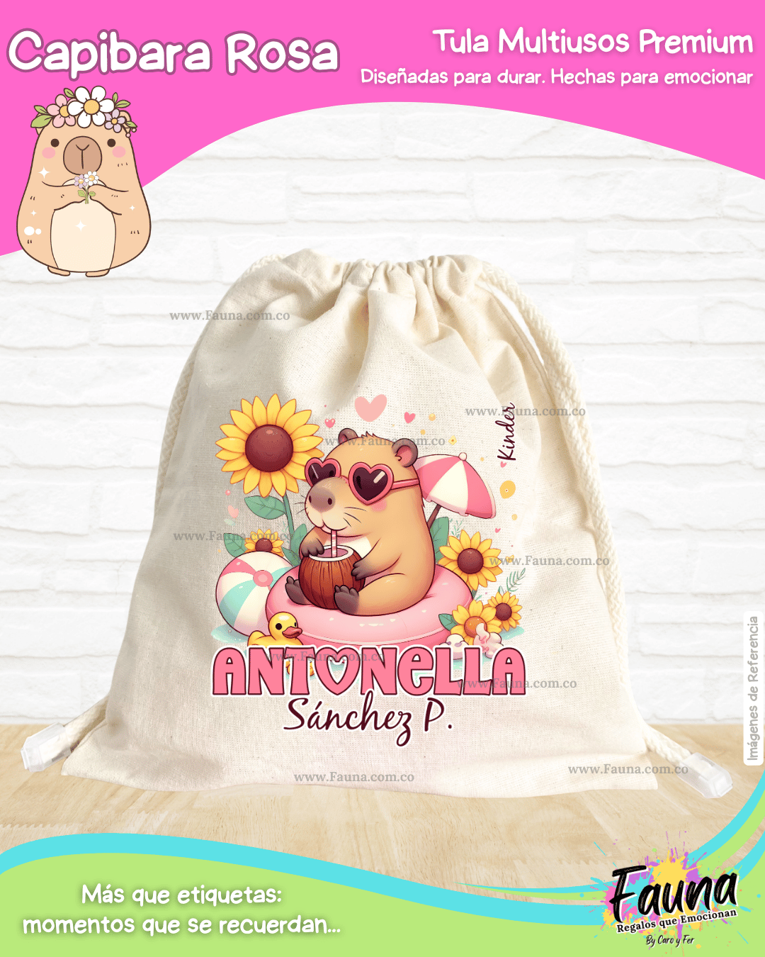 Capibara Rosa 💗 - Tula personalizada para niña – multiusos con nombre
