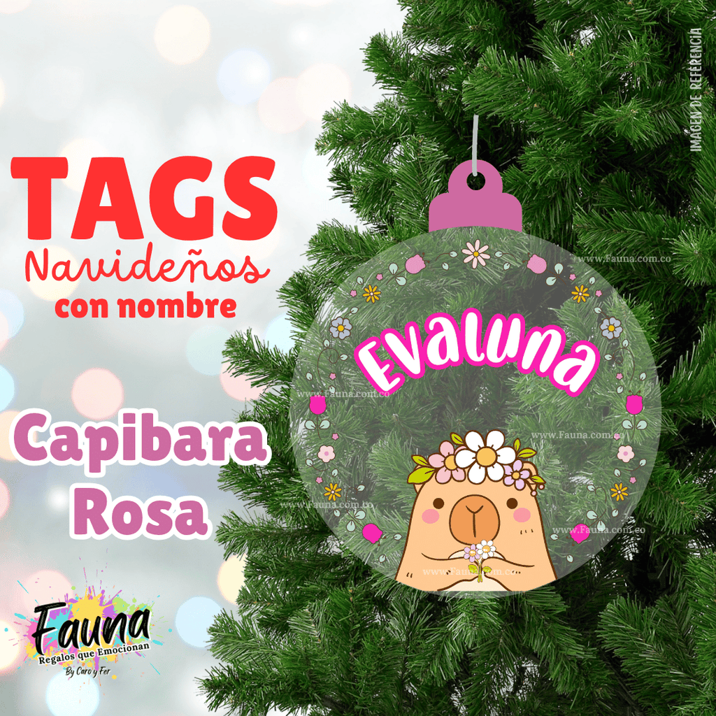 Capibara Rosa – Tag Navideño Personalizado con Nombre 🎄
