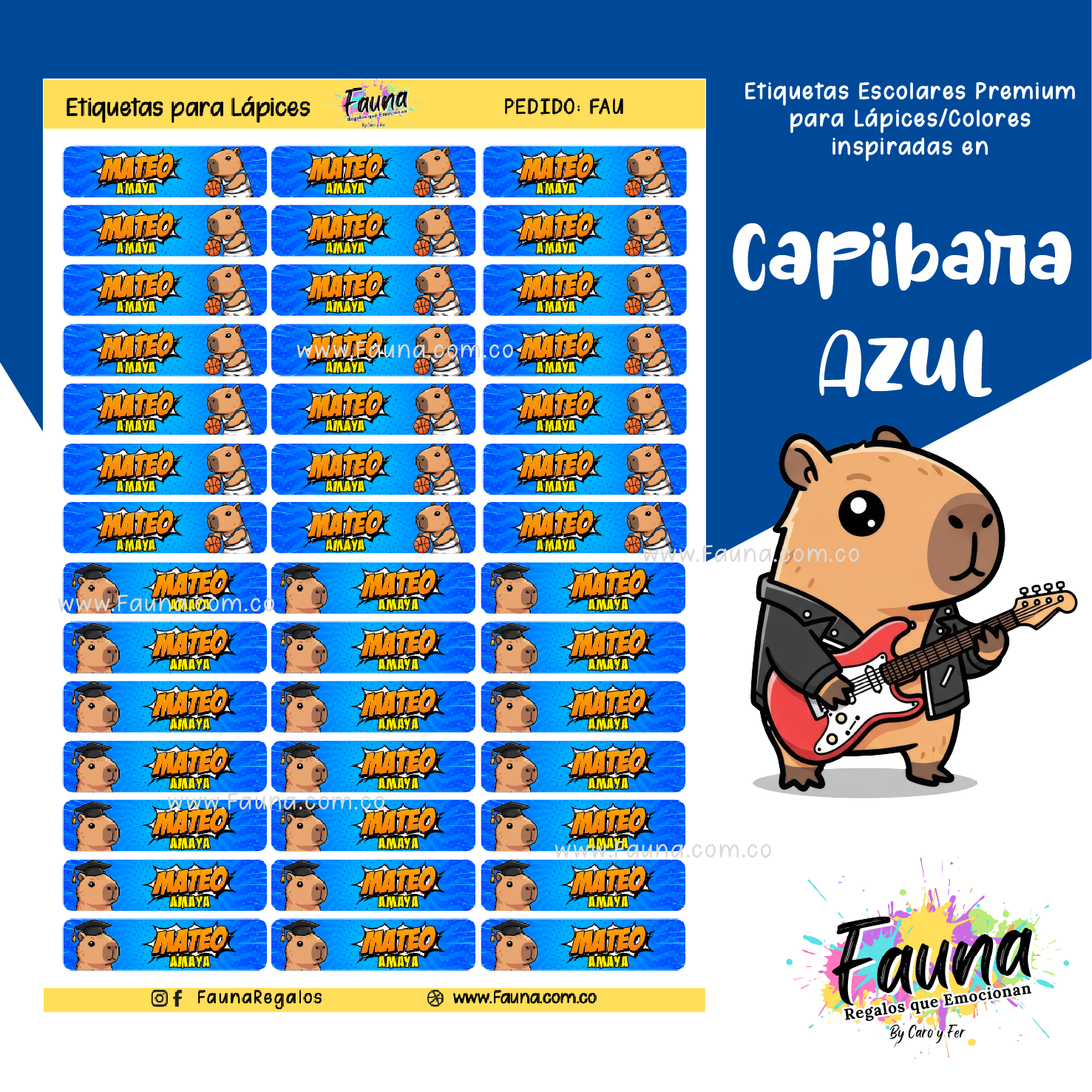 Capibara Azul 💙 - Etiquetas Escolares Premium Personalizadas