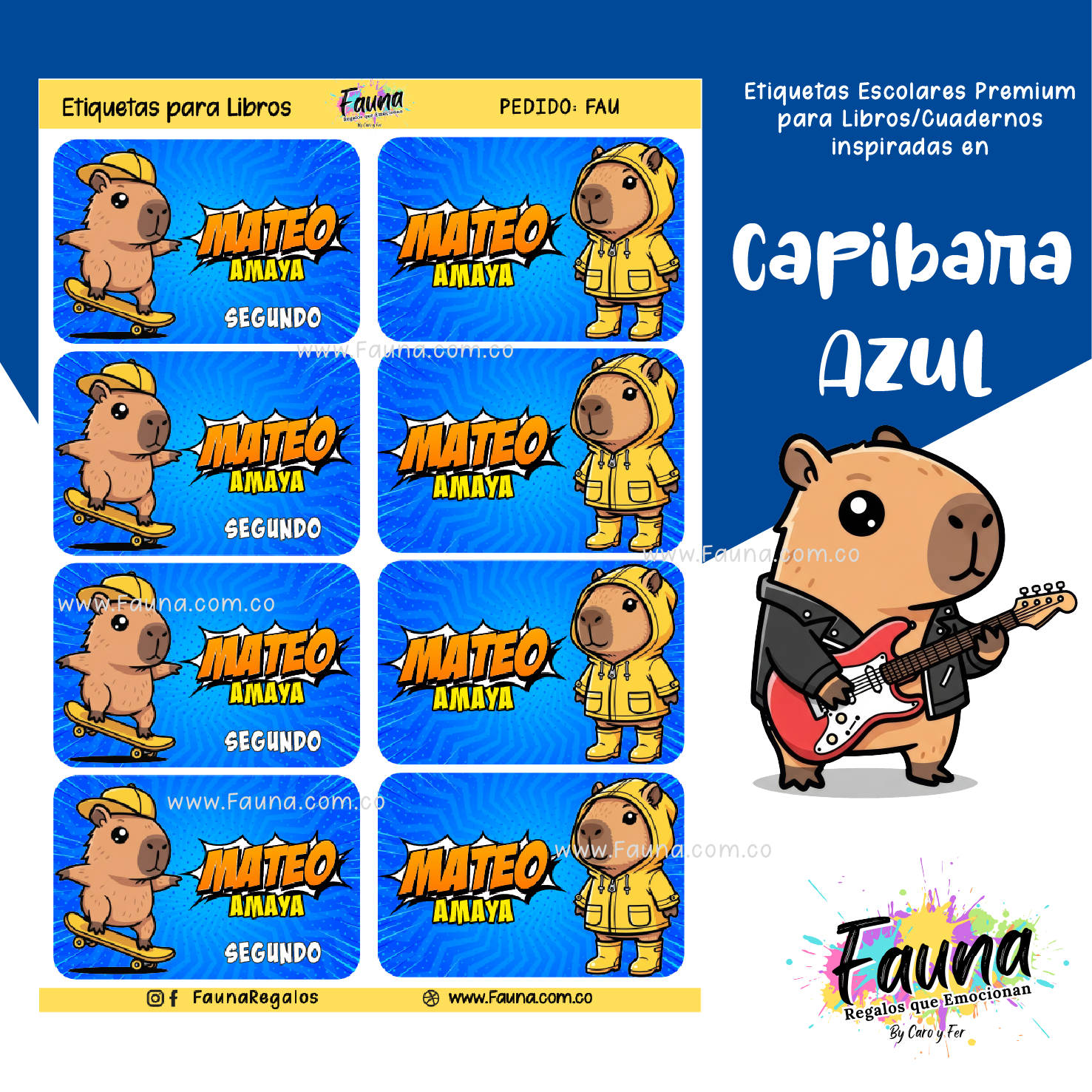 Capibara Azul 💙 - Etiquetas Escolares Premium Personalizadas