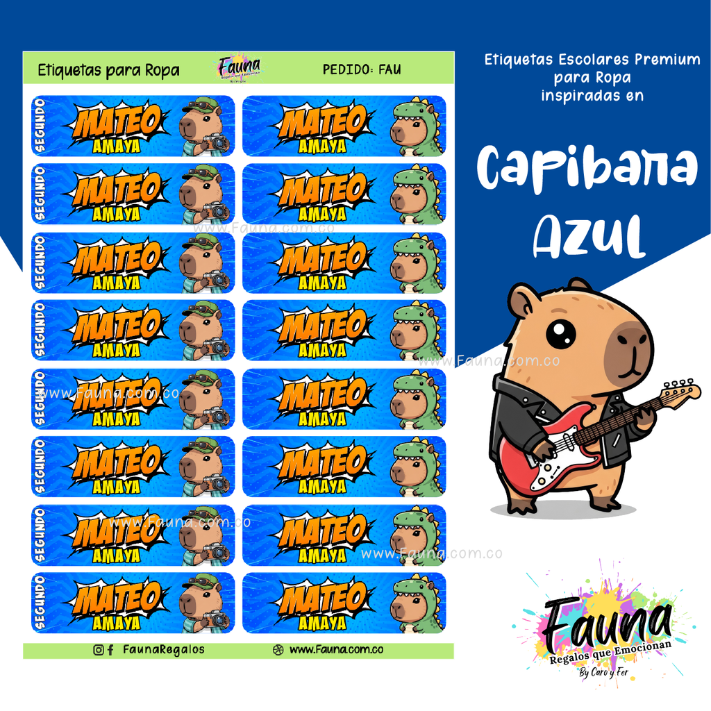Capibara Azul 💙 - Etiquetas Escolares Premium Personalizadas