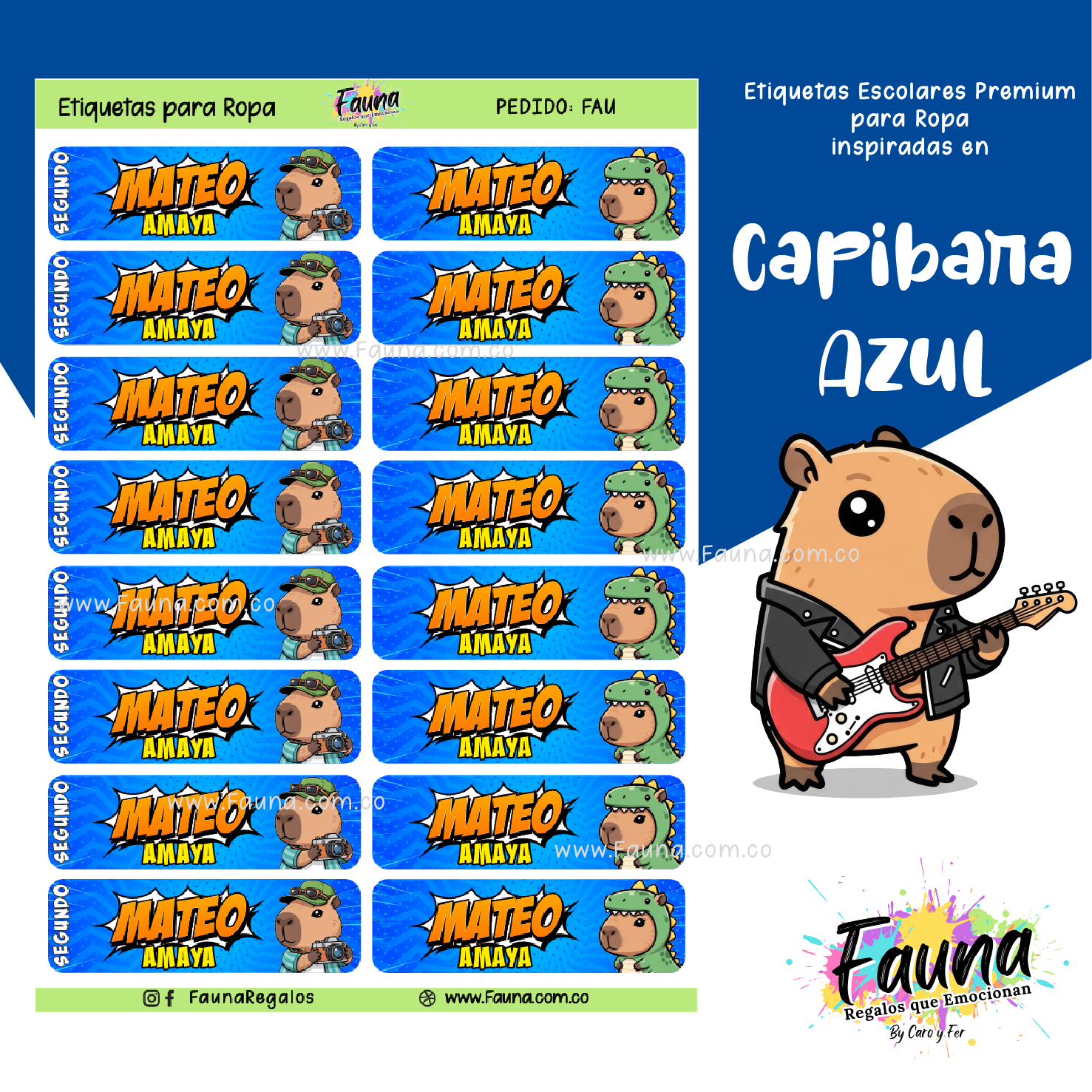 Capibara Azul 💙 - Etiquetas Escolares Premium Personalizadas