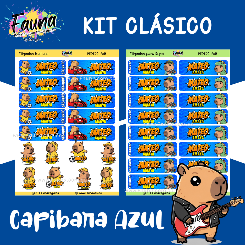 Capibara Azul 💙 - Etiquetas Escolares Premium Personalizadas