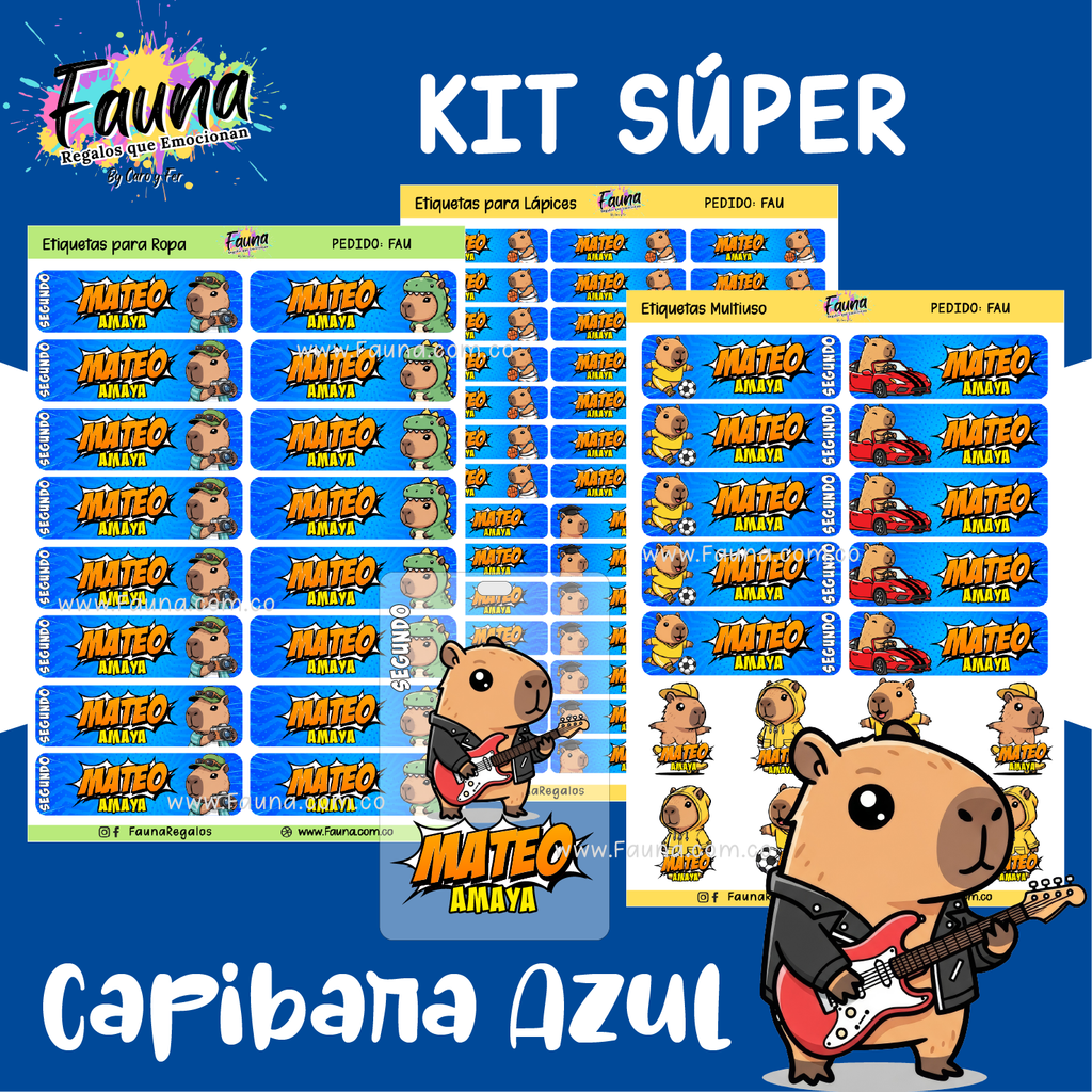 Capibara Azul 💙 - Etiquetas Escolares Premium Personalizadas