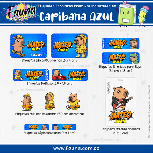 Capibara Azul 💙 - Etiquetas Escolares Premium Personalizadas