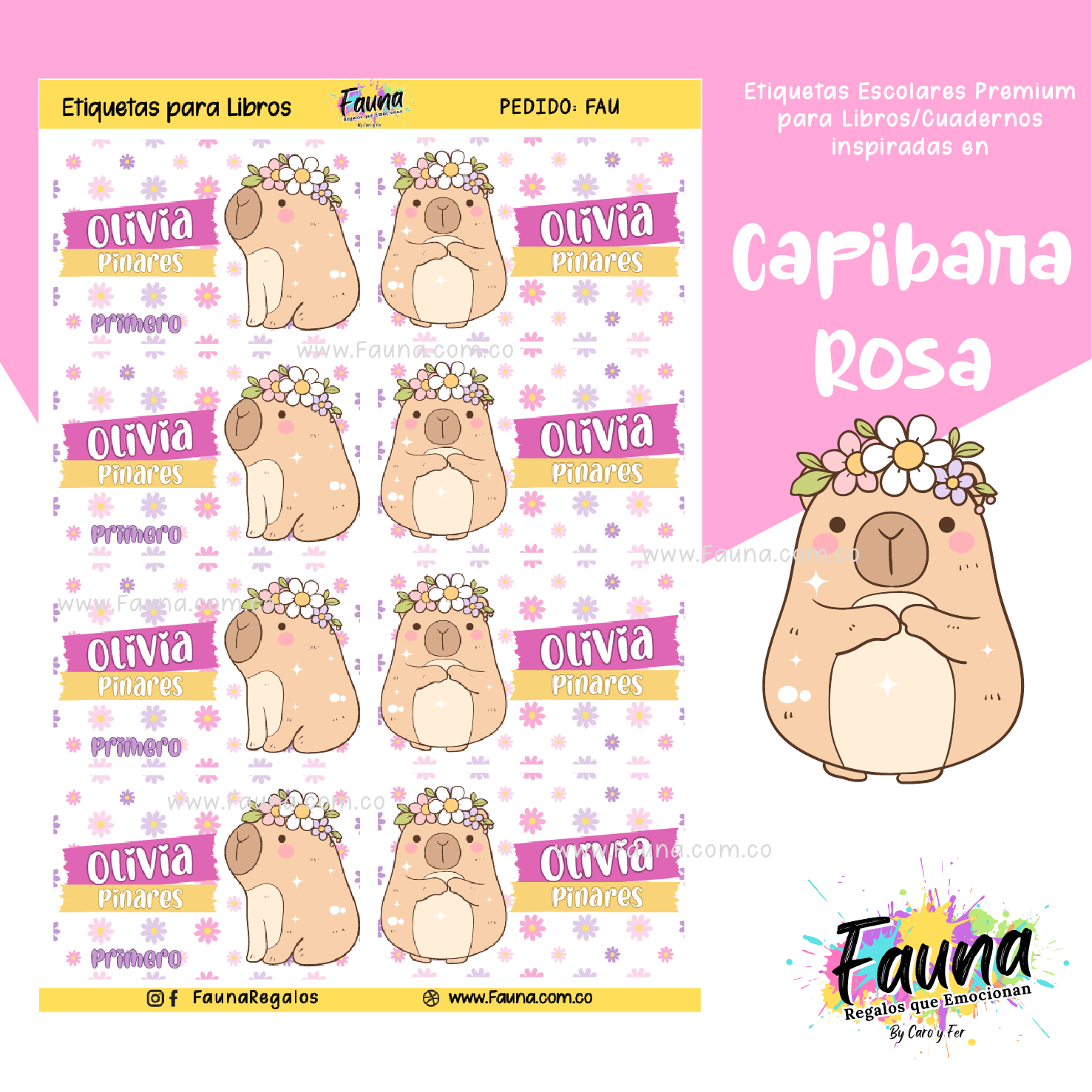 Capibara Rosa 💗 - Etiquetas Escolares Premium Personalizadas
