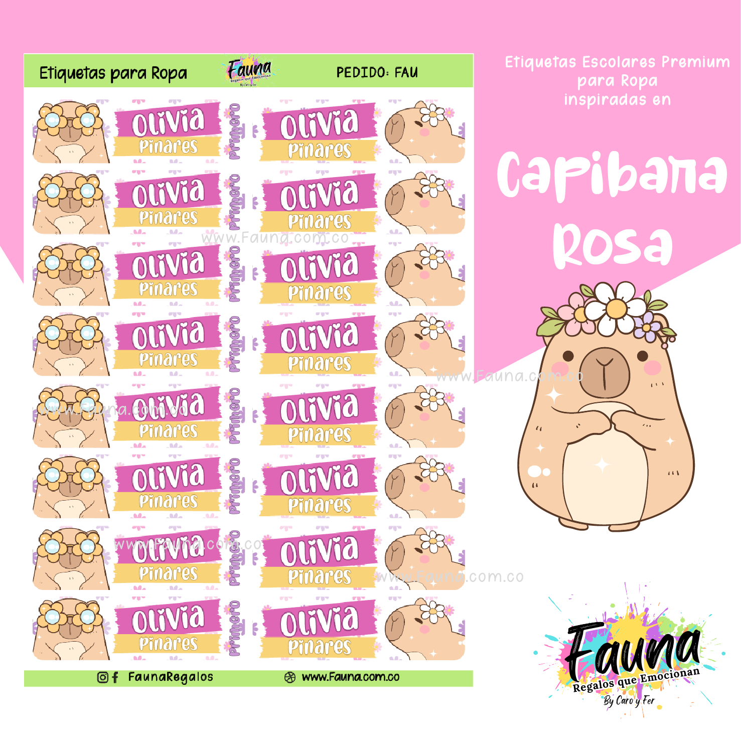 Capibara Rosa 💗 - Etiquetas Escolares Premium Personalizadas