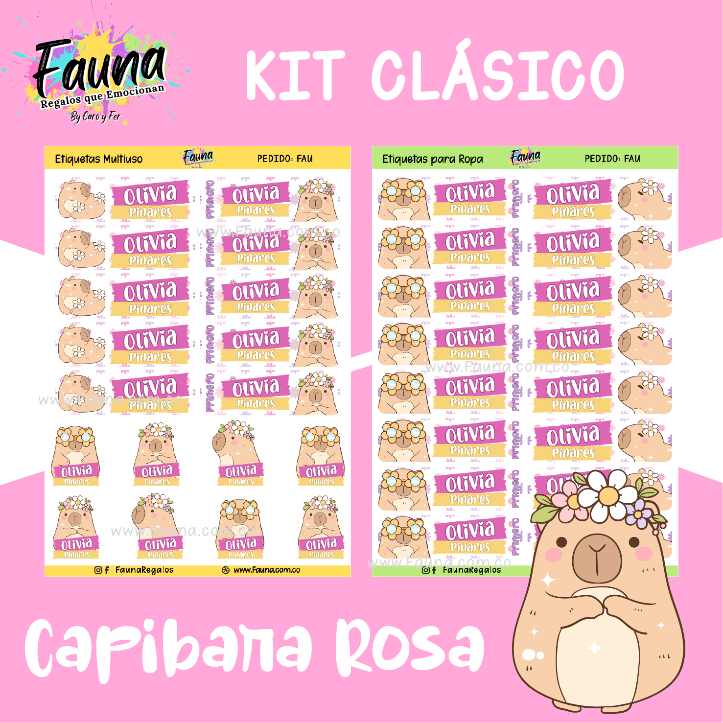 Capibara Rosa 💗 - Etiquetas Escolares Premium Personalizadas