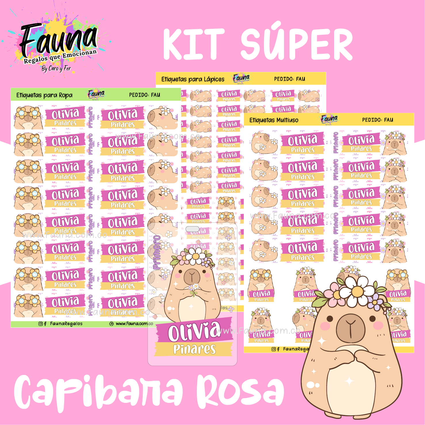 Capibara Rosa 💗 - Etiquetas Escolares Premium Personalizadas