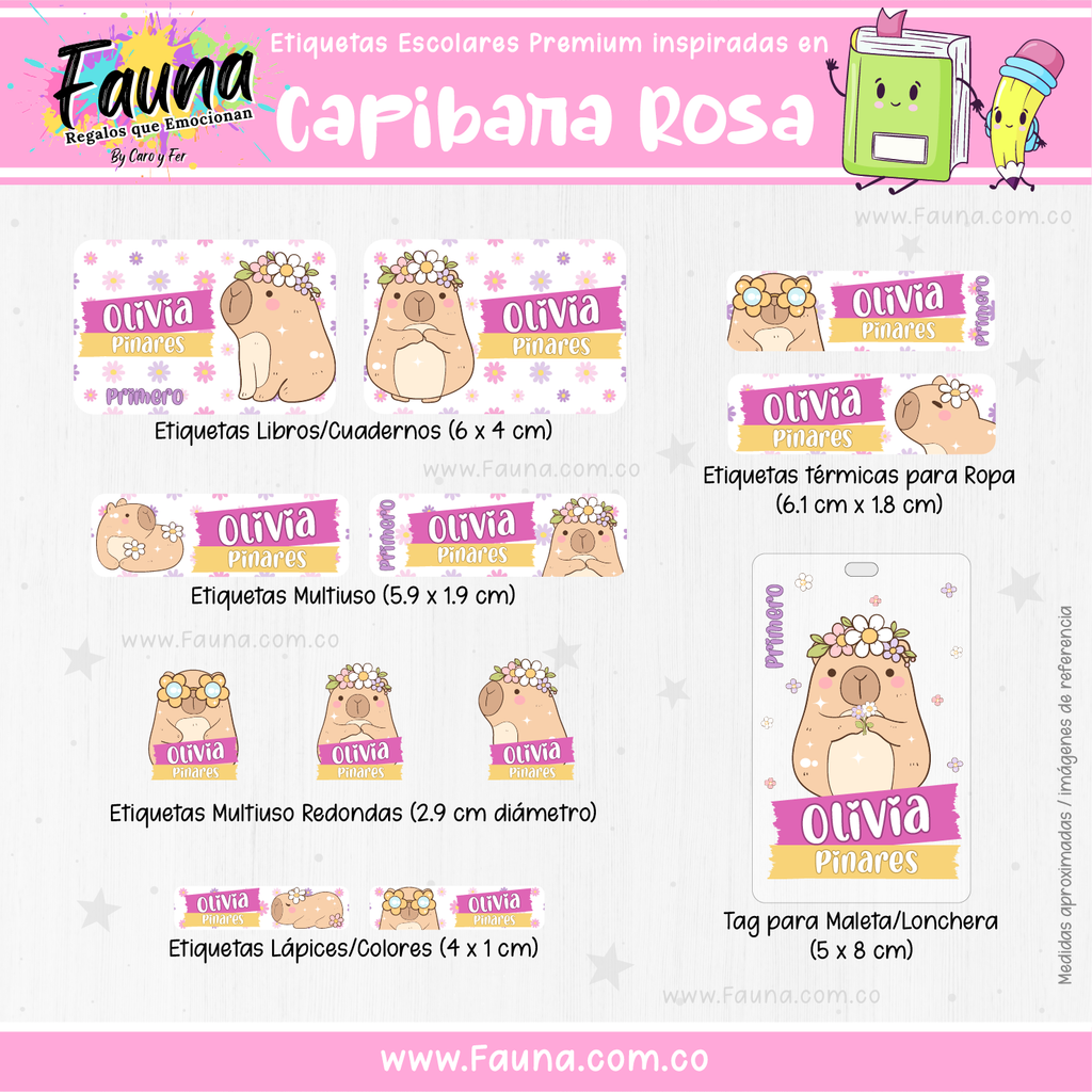 Capibara Rosa 💗 - Etiquetas Escolares Premium Personalizadas
