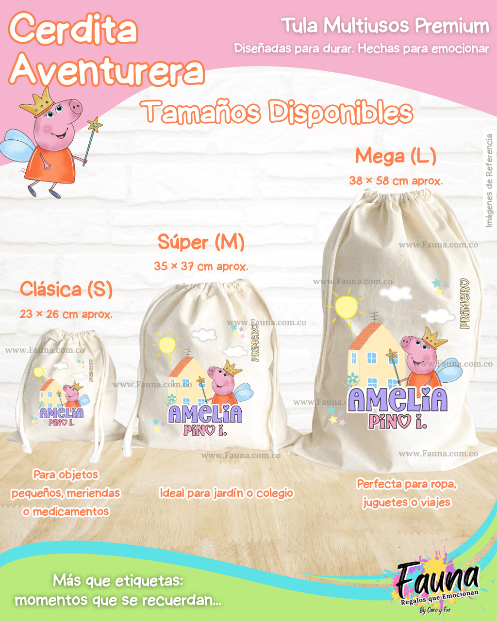 Cerdita Aventurera 🐷 - Tula personalizada para niña – multiusos con nombre