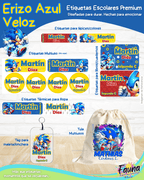 Erizo Azul Veloz 🌀 - Etiquetas Escolares Premium Personalizadas