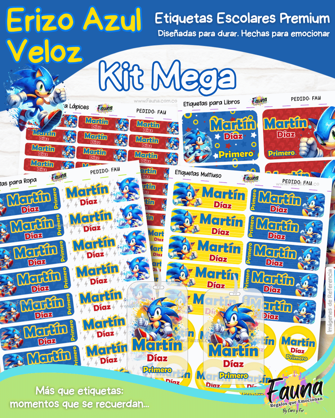 Erizo Azul Veloz 🌀 - Etiquetas Escolares Premium Personalizadas