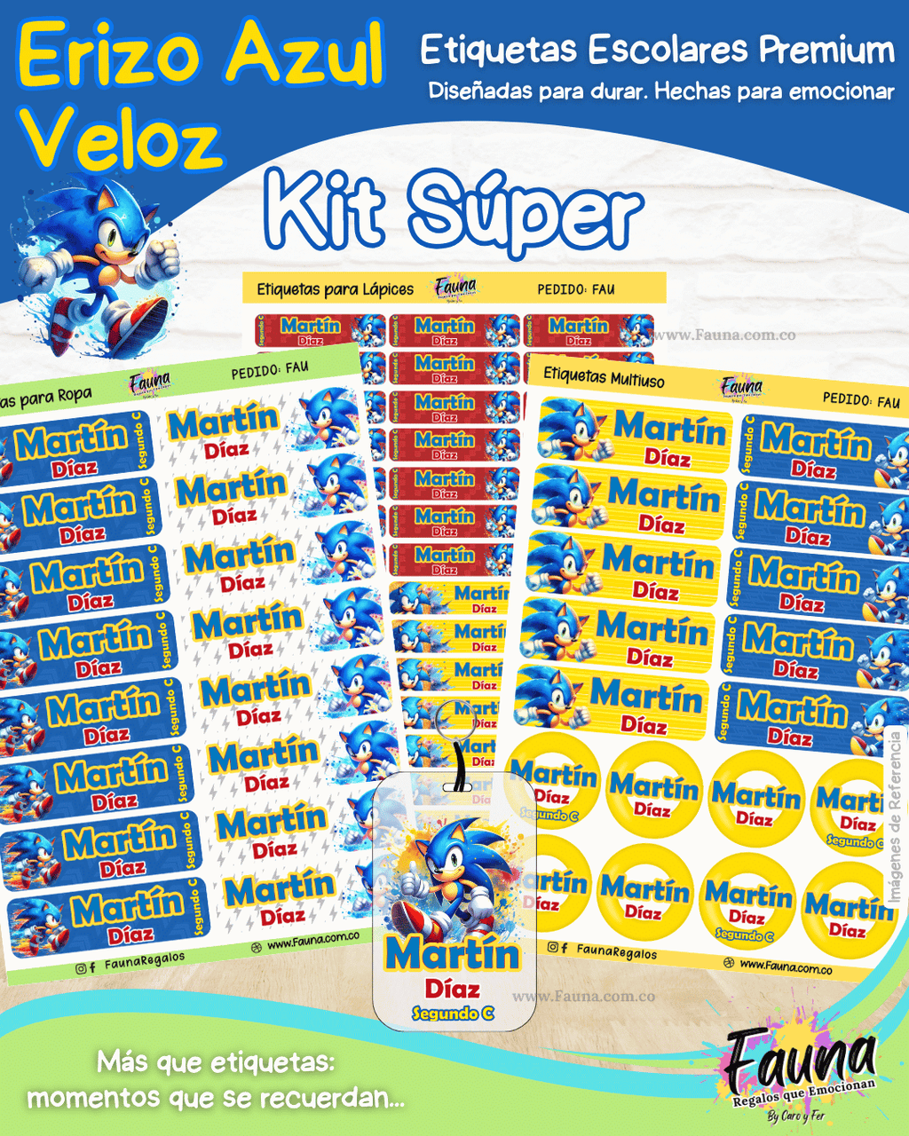 Erizo Azul Veloz 🌀 - Etiquetas Escolares Premium Personalizadas