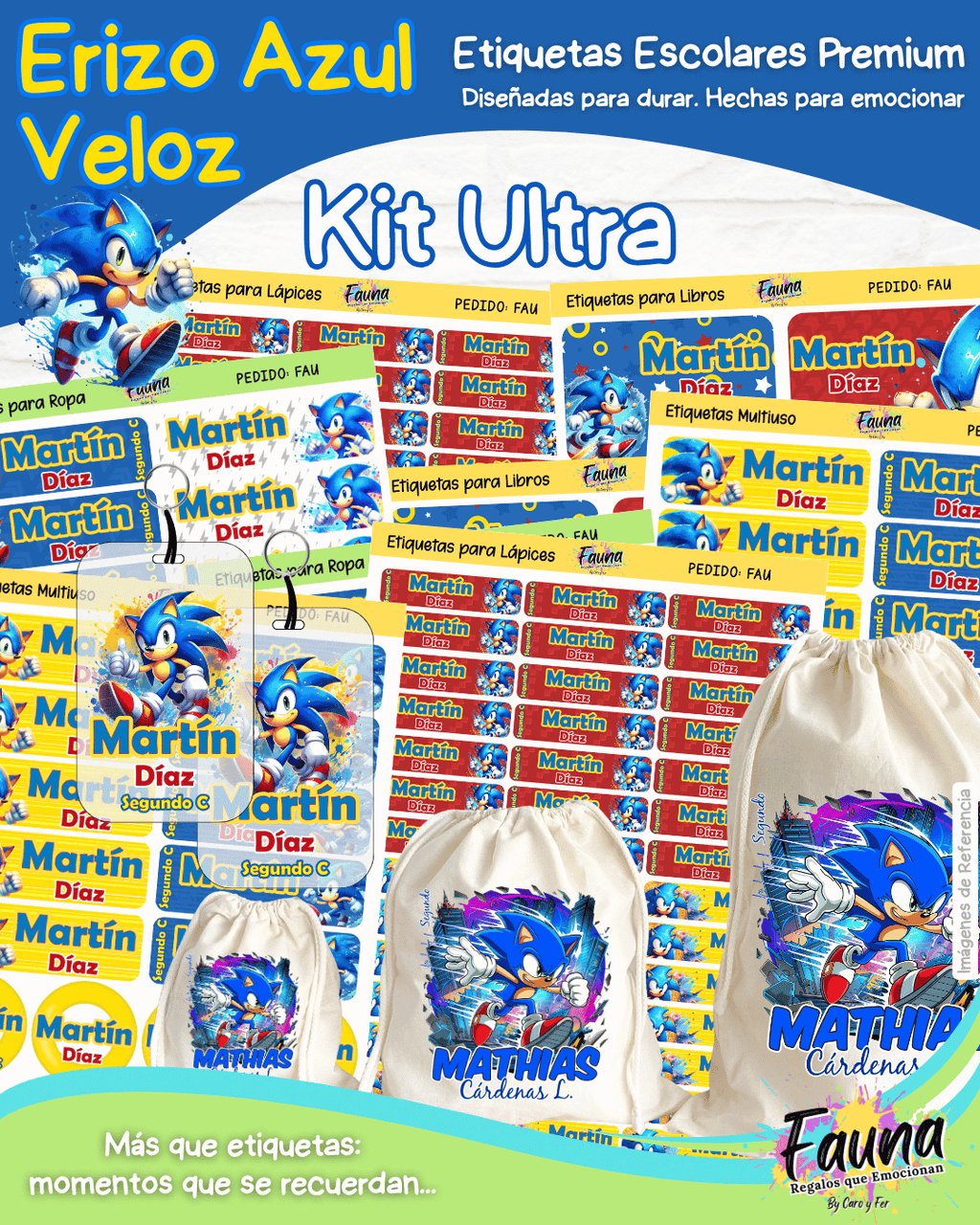 Erizo Azul Veloz 🌀 - Etiquetas Escolares Premium Personalizadas