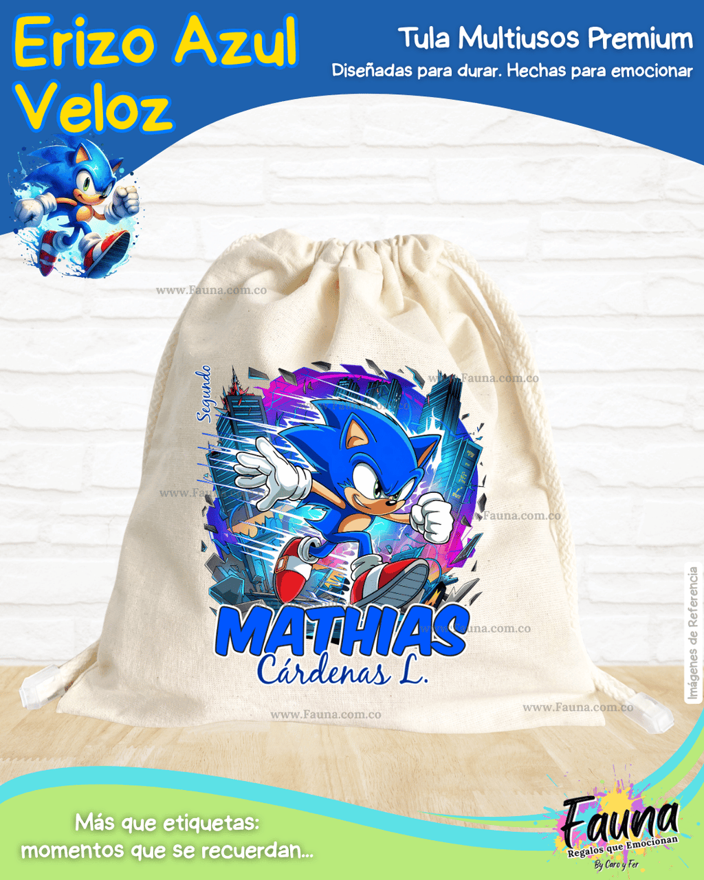 Erizo Azul Veloz 🌀 - Tula personalizada para niño – multiusos con nombre