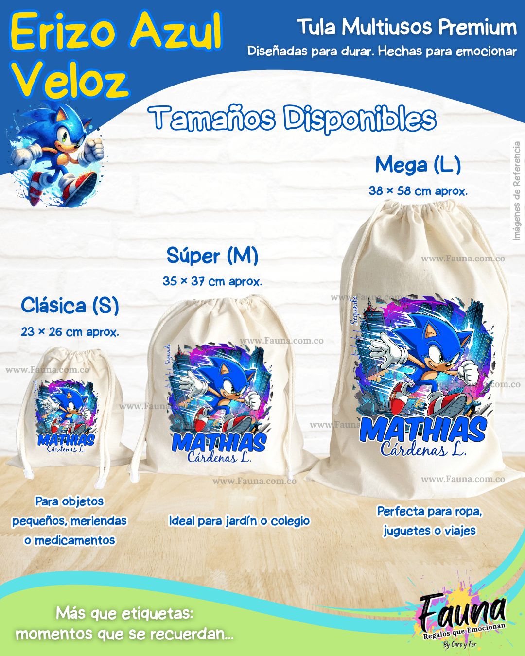 Erizo Azul Veloz 🌀 - Tula personalizada para niño – multiusos con nombre