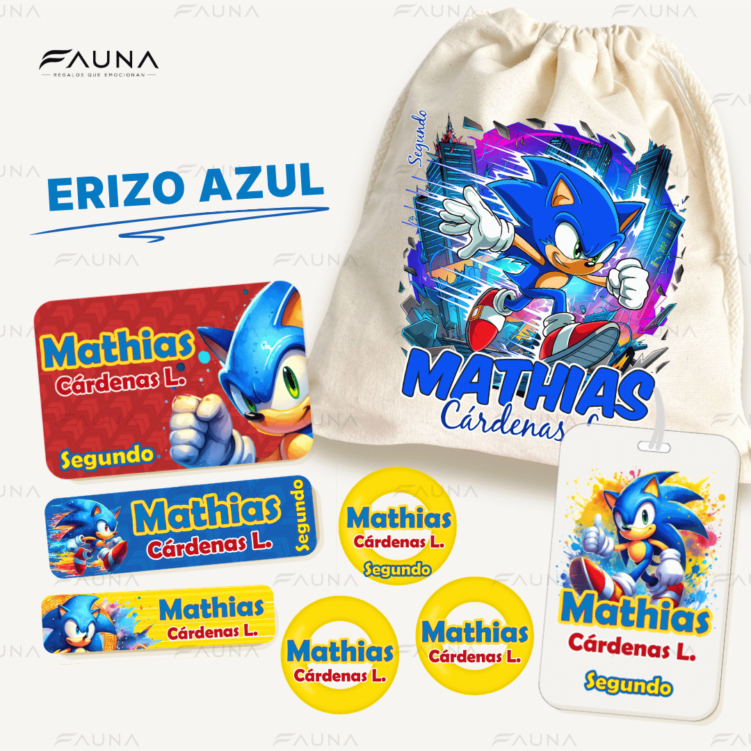 Erizo Azul Veloz 🌀 - Etiquetas Escolares Premium Personalizadas