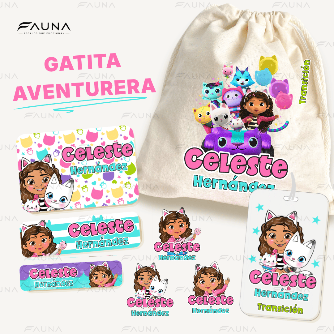 Gatita Aventurera – Etiquetas Escolares Personalizadas