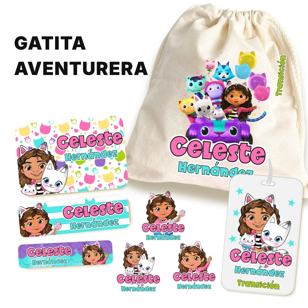 Gatita Aventurera – Etiquetas Escolares Personalizadas