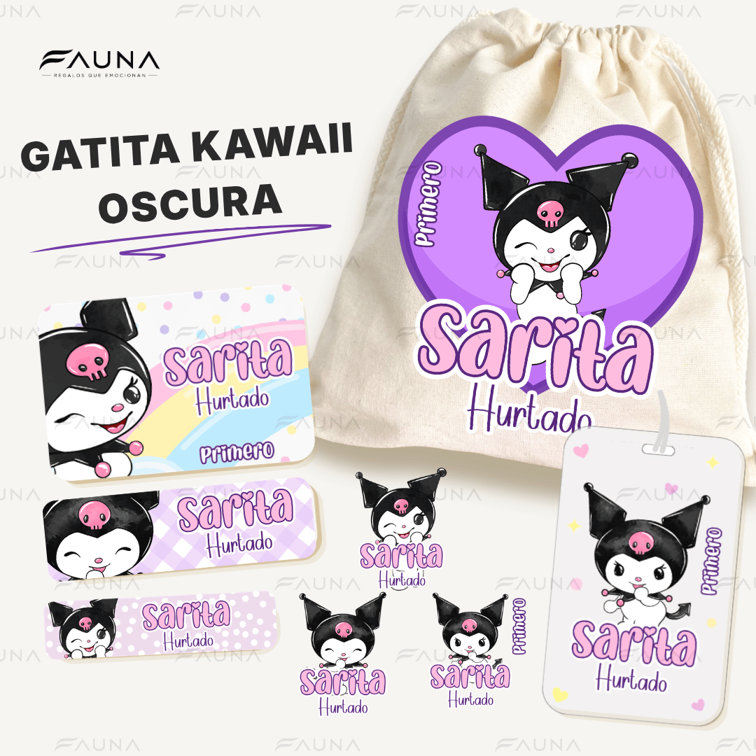 Gatita Kawaii Oscura 💜 - Etiquetas Escolares Premium Personalizadas