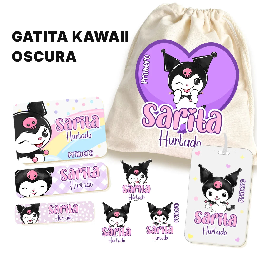 Gatita Kawaii Oscura – Etiquetas Escolares Personalizadas