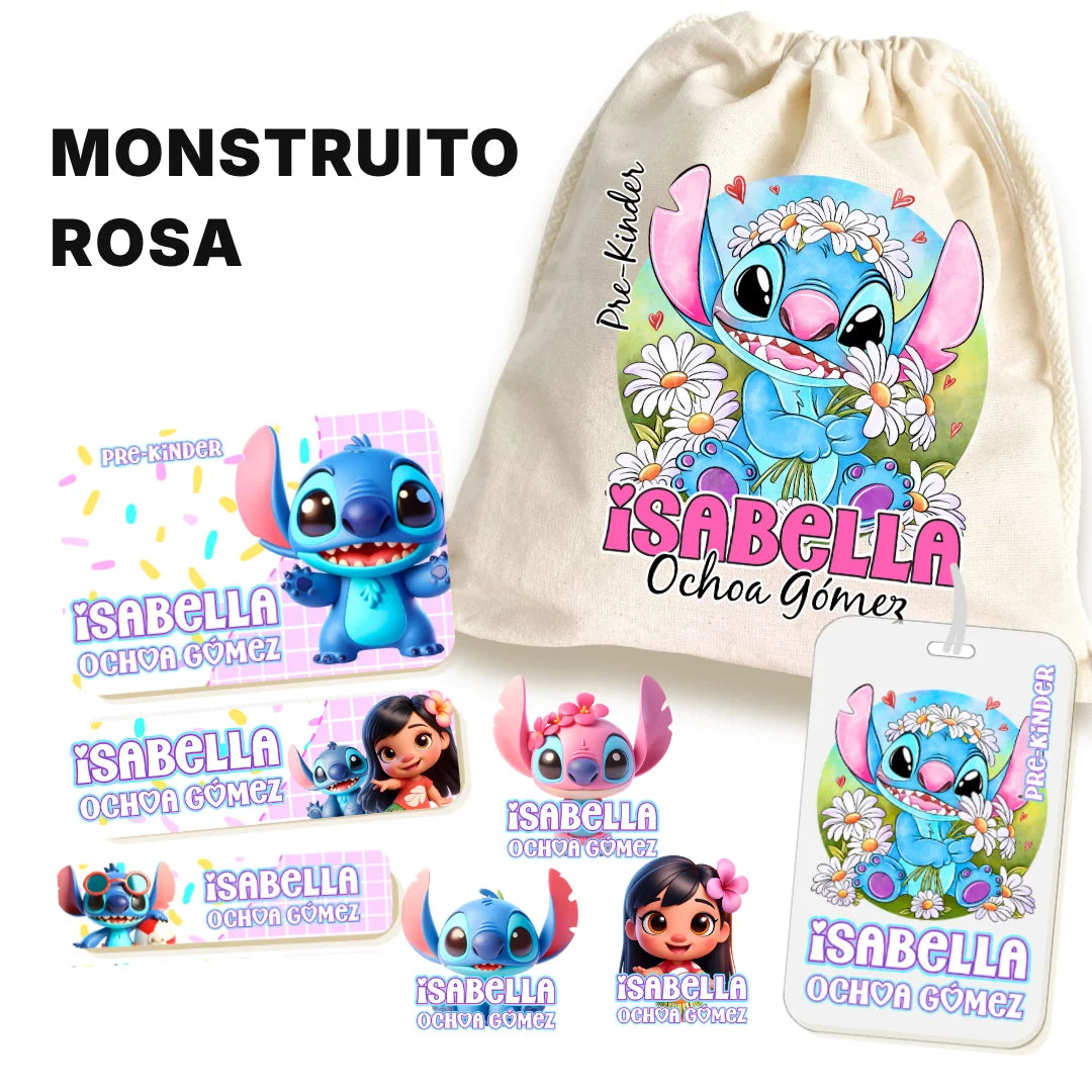 Monstruito Rosa – Etiquetas Escolares Personalizadas
