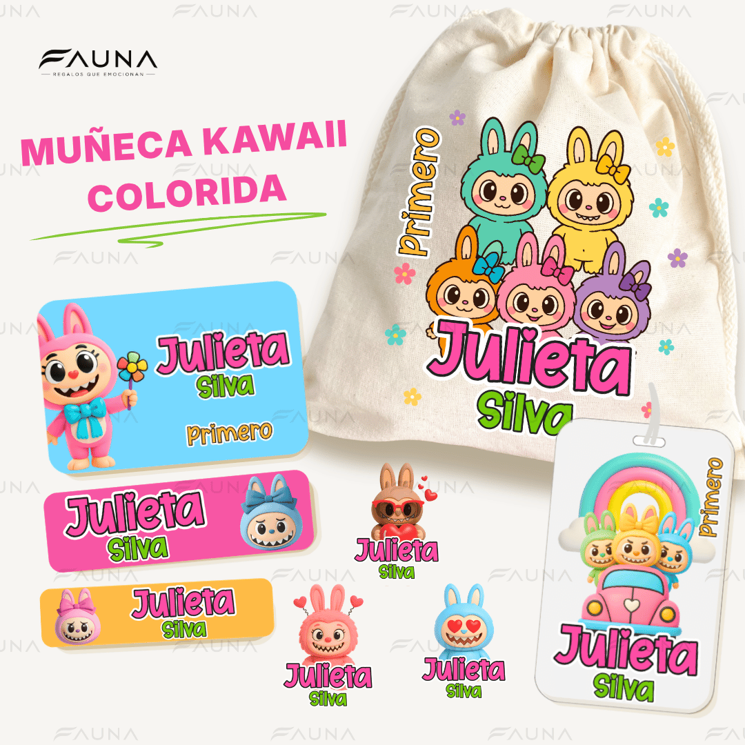 Muñeca Kawaii Colorida 🌈 - Etiquetas Escolares Premium Personalizadas