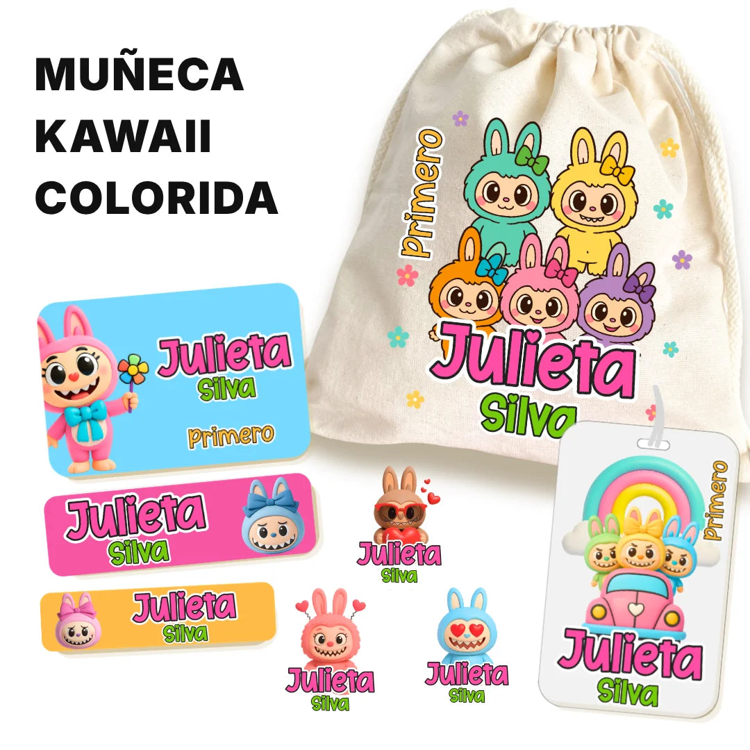 Muñeca Kawaii Colorida – Etiquetas Escolares Personalizadas
