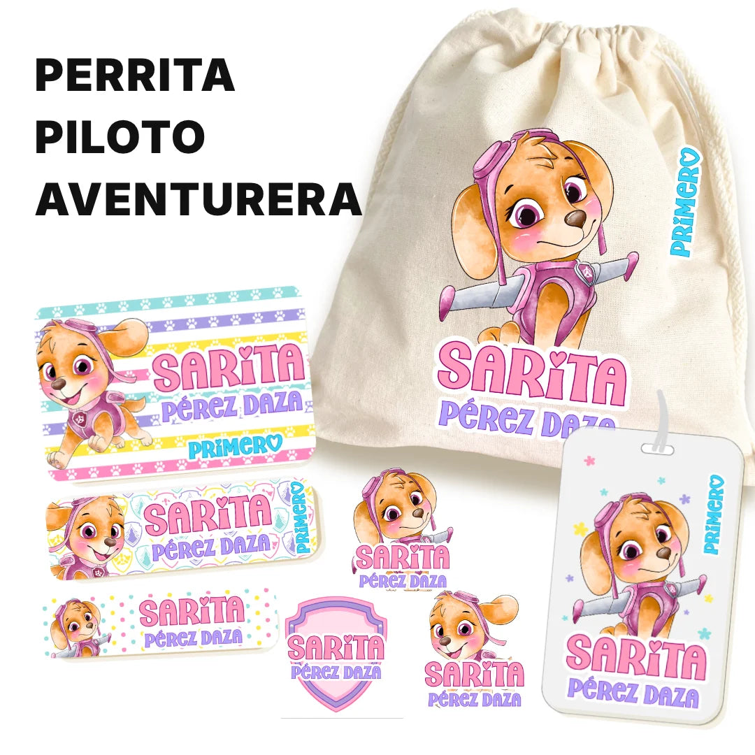 Perrita Piloto Aventurera – Etiquetas Escolares Personalizadas