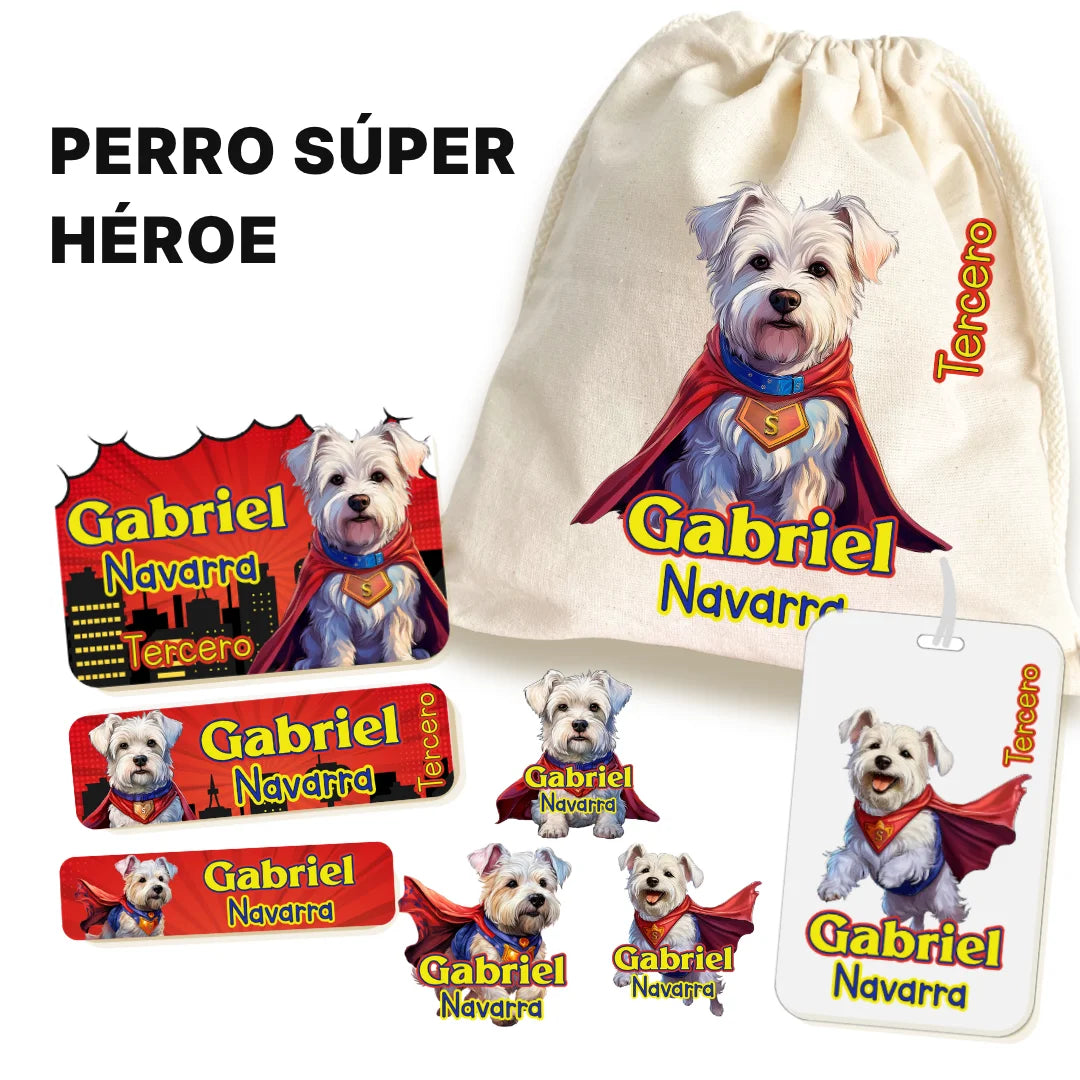 Perro Súper Héroe – Etiquetas Escolares Personalizadas