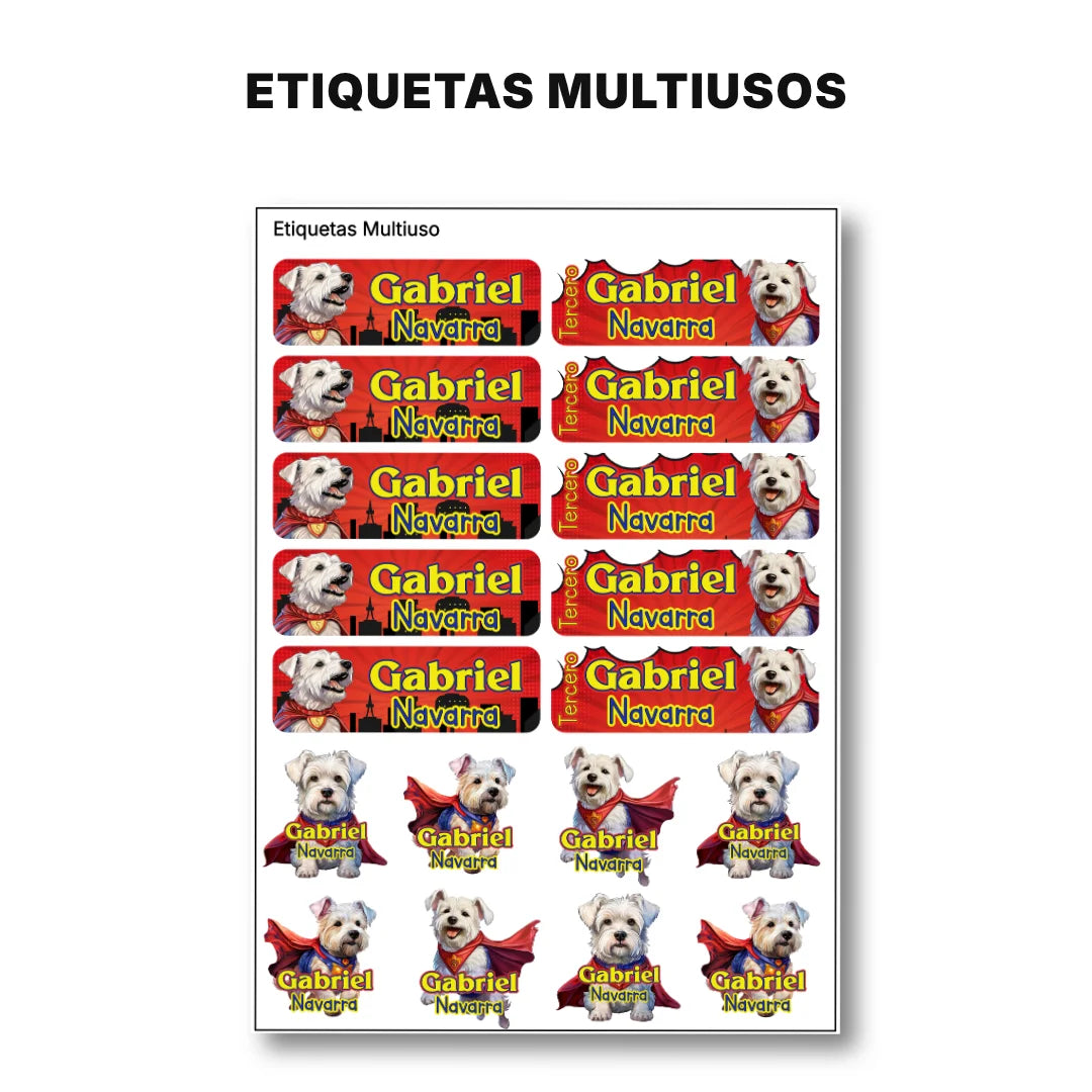 Perro Súper Héroe – Etiquetas Escolares Personalizadas