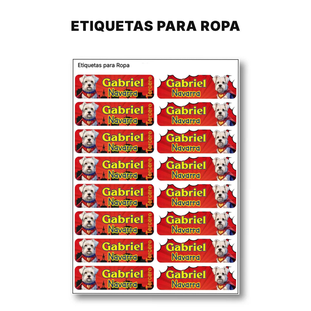 Perro Súper Héroe – Etiquetas Escolares Personalizadas