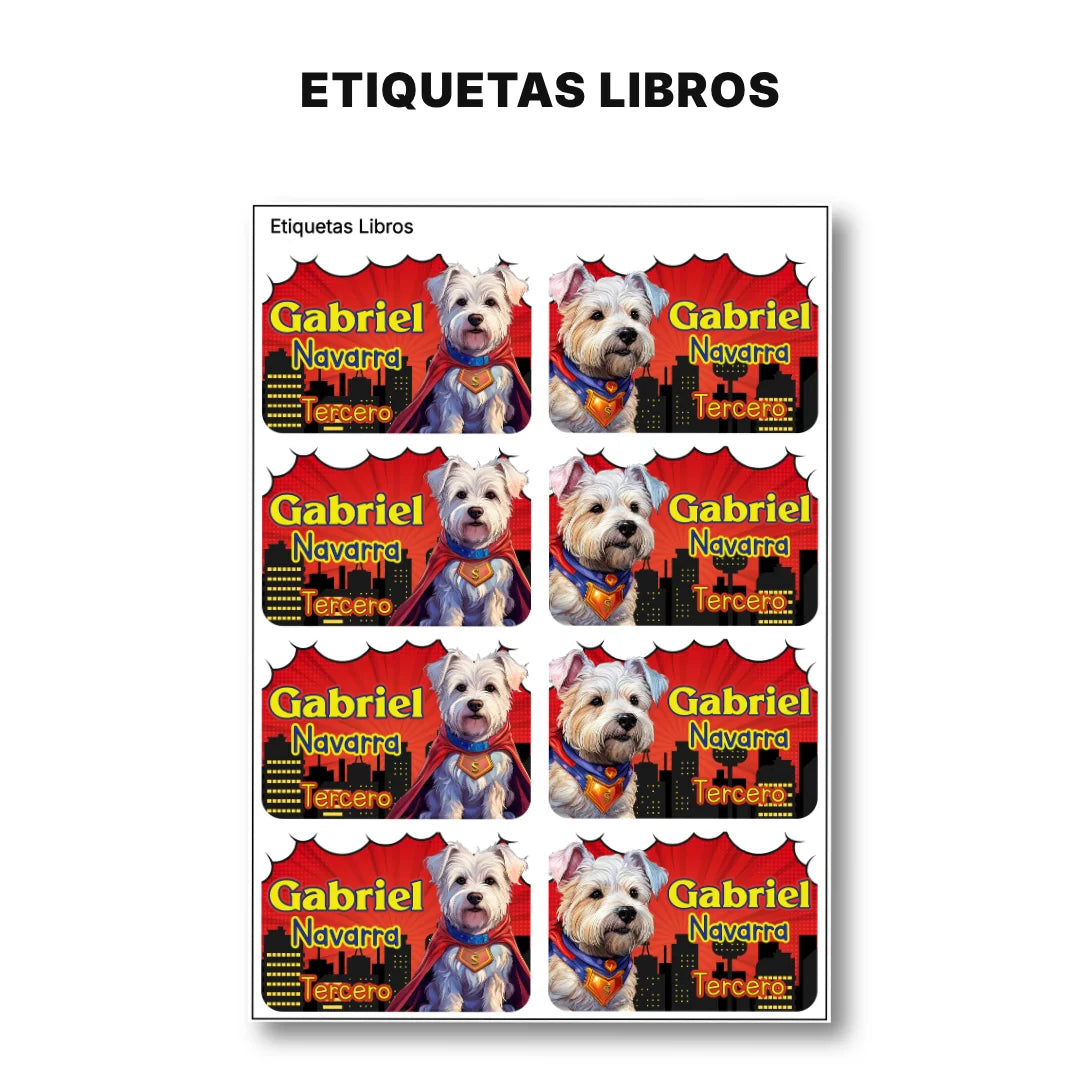 Perro Súper Héroe – Etiquetas Escolares Personalizadas