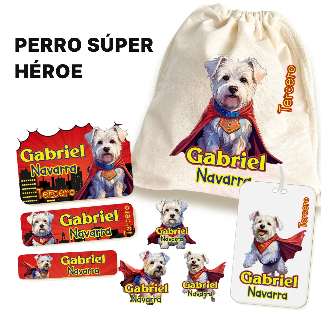 Perro Súper Héroe – Etiquetas Escolares Personalizadas