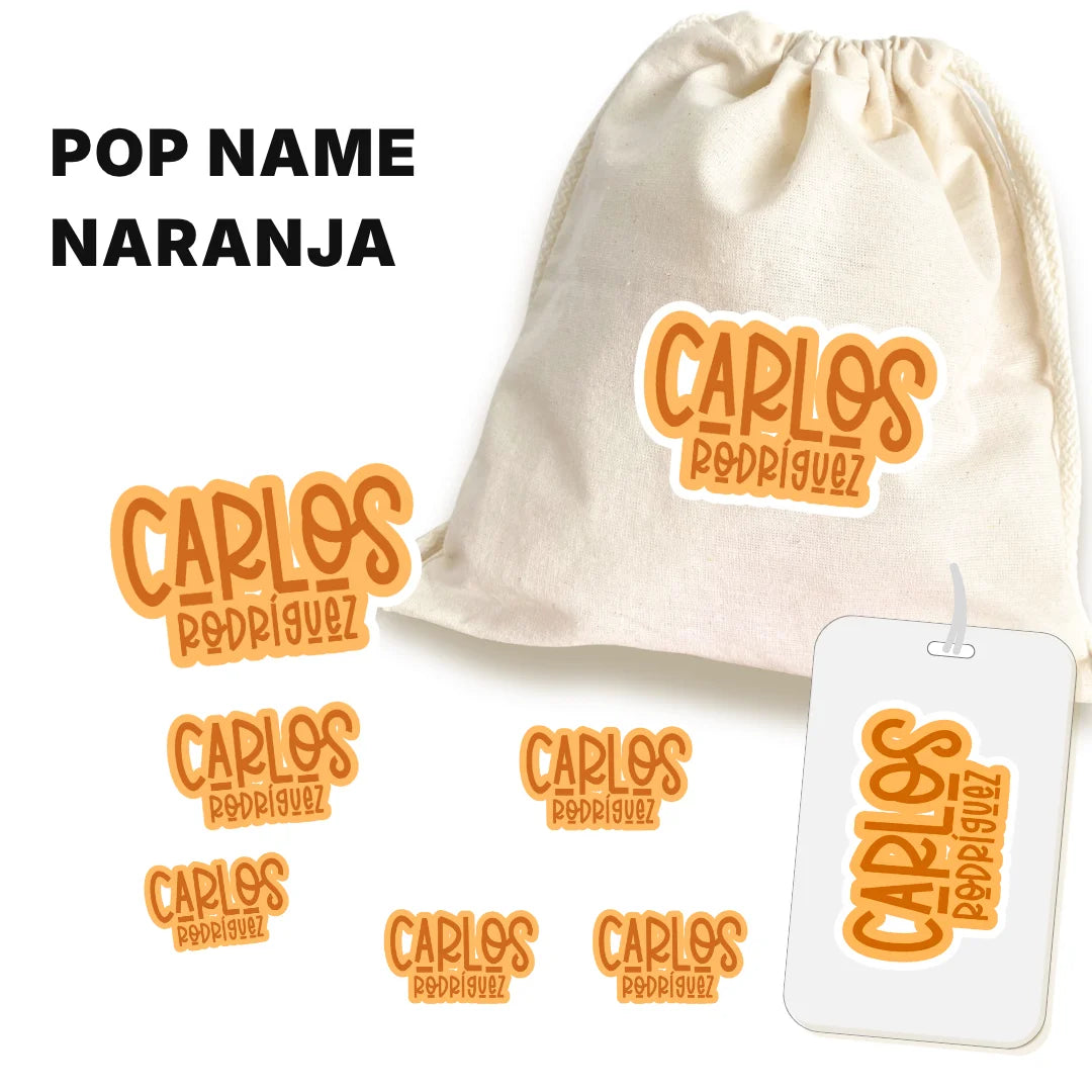 Pop Name Naranja – Etiquetas Escolares Personalizadas