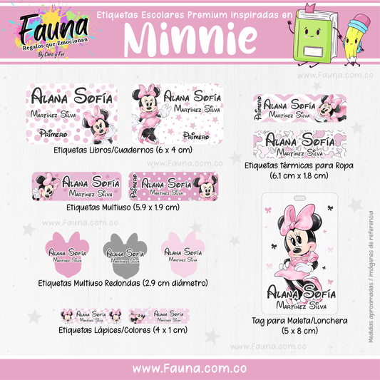 Etiquetas Escolares Premium Personalizadas – inspiradas en Minnie 🎀🐭 - Fauna Regalos que emocionan