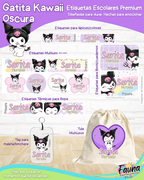 Gatita Kawaii Oscura 💜 - Etiquetas Escolares Premium Personalizadas