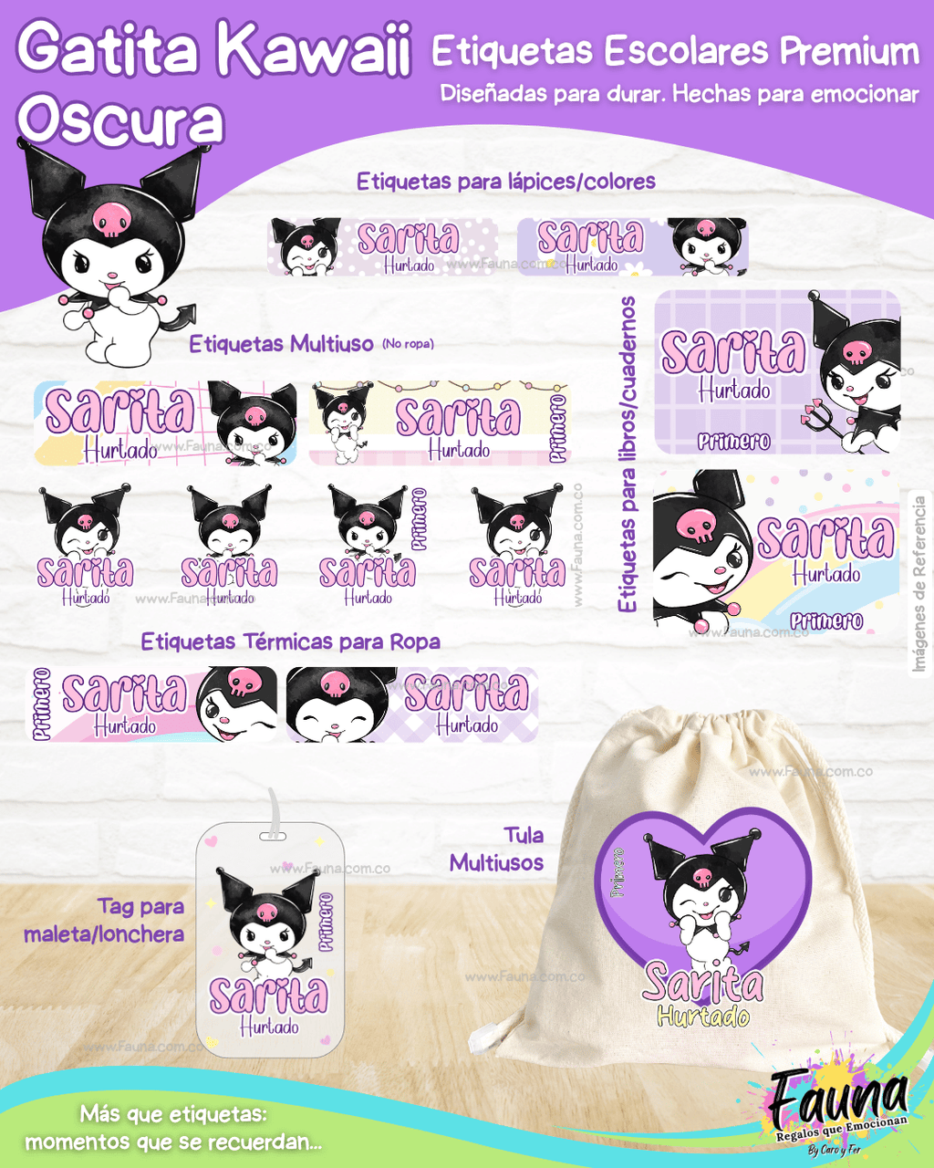 Gatita Kawaii Oscura 💜 - Etiquetas Escolares Premium Personalizadas