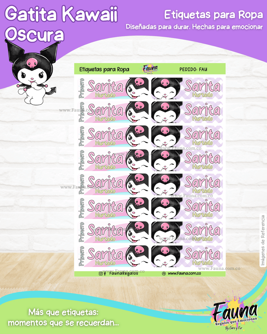 Gatita Kawaii Oscura 💜 - Etiquetas Escolares Premium Personalizadas