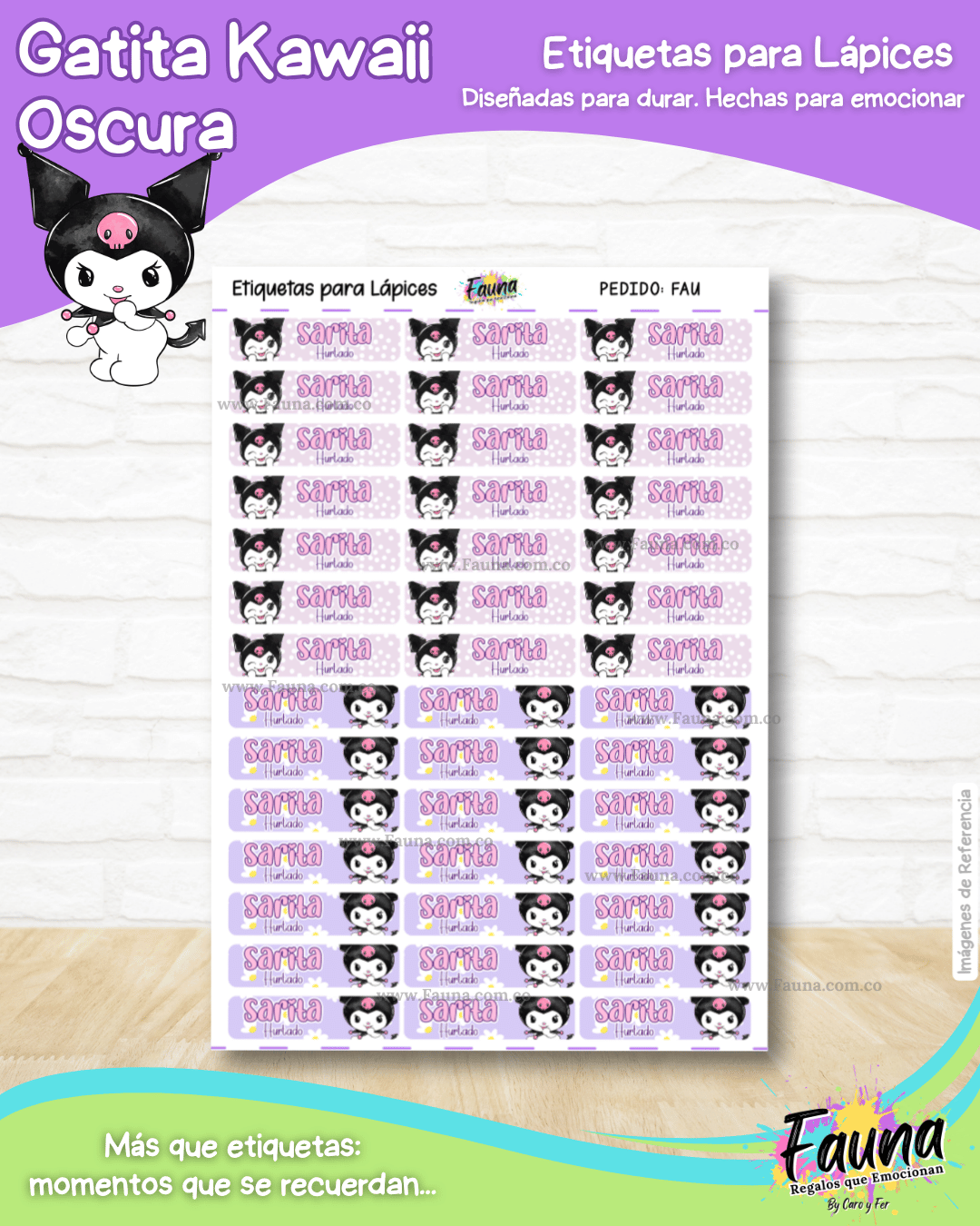 Gatita Kawaii Oscura 💜 - Etiquetas Escolares Premium Personalizadas